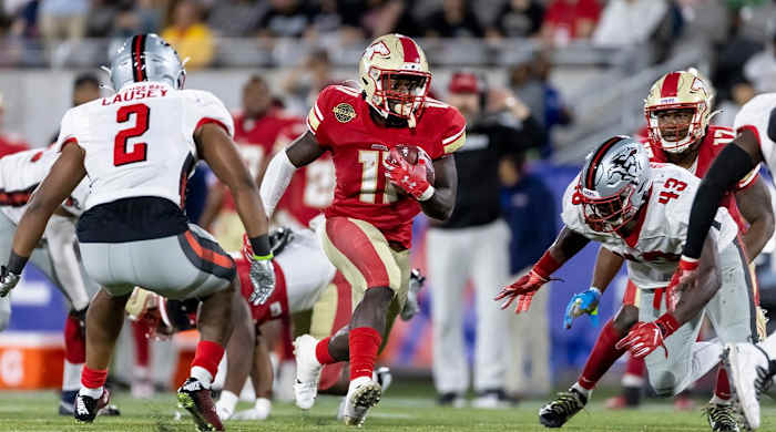 May 7, 2022; Birmingham, AL, USA; Birmingham Stallions running back CJ Marable (11) runs the ball against the Tampa Bay Bandits during the second half at Protective Stadium.